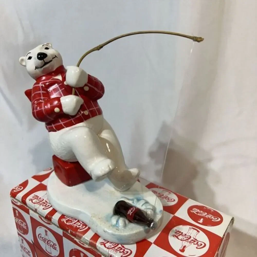 Coca-Cola Always Ice Fishing Ceramic Polar Bear‎ Figurine  - Vintage 1995